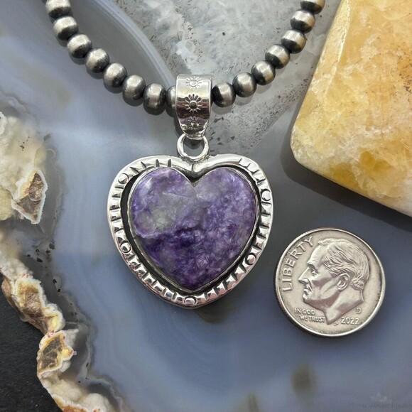 Sterling Silver Southwestern Style Charoite Decorated Heart Pendant For Women #1 - Picture 8 of 10